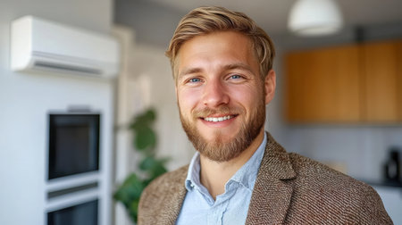 A smiling man with a beard stands in a bright kitchen, creating a warm and inviting atmosphere.の素材