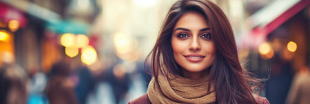 Young woman stands confidently in a lively street filled with people, wearing a warm scarf.の素材