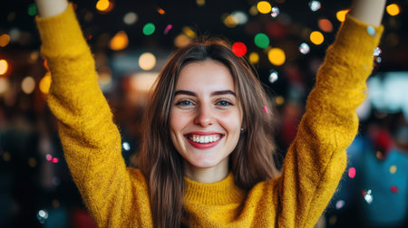 Joyful woman raises her arms and smiles while colorful confetti falls around her in a lively atmosphere.の素材