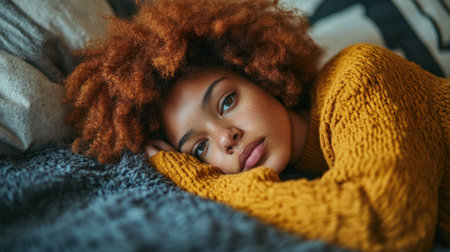Young woman lies on a bed, resting her chin on her hand and enjoying a quiet moment indoors.の素材