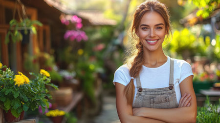 A cheerful young woman stands confidently in a flourishing garden surrounded by colorful plants and flowers.の素材