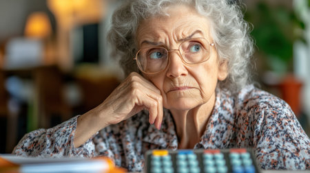 An elderly woman looks thoughtfully while resting her chin on her hand, surrounded by a warm home atmosphere.の素材