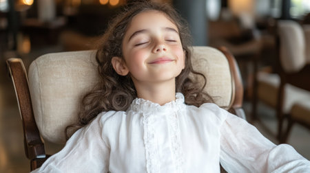 A child sits back with closed eyes, reflecting tranquility in a cozy indoor environment.の素材