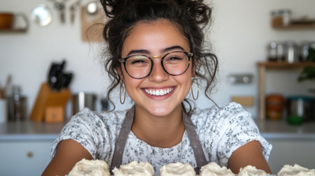 Joyful baker showcases delicious, homemade cupcakes while smiling warmly in a bright kitchen.の素材