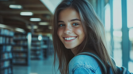 Young woman with long hair smiles brightly while standing in a library filled with books.の素材