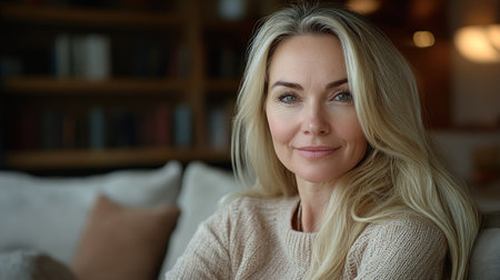 A woman with long blonde hair sits comfortably on a couch, smiling gently in a cozy, inviting space.の素材