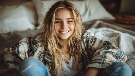 Young woman with long hair relaxes on a bed, smiling brightly and wearing a cozy plaid jacket.の素材