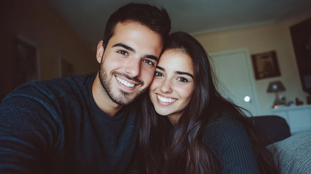 Two young adults share a joyful moment, smiling closely in a comfortable indoor space.の素材