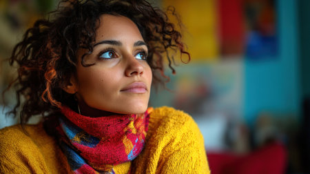 Woman gazes thoughtfully while wearing a bright sweater and scarf in a vibrant indoor setting.の素材