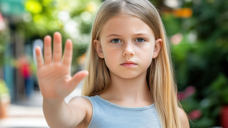 Serious young girl with long hair raises her hand outdoors, surrounded by lush plants and soft sunlight.の素材