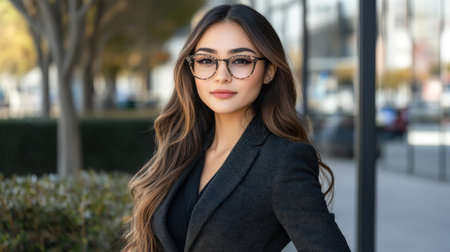 Young woman stands elegantly in a suit, showing confidence amidst city life and greenery.の素材