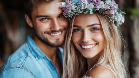 A cheerful couple embraces each other, showcasing happiness and love, surrounded by natural beauty.の素材