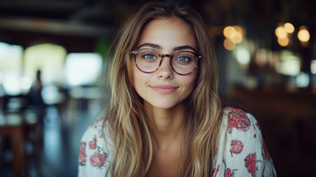 A woman with long hair and glasses enjoys a moment in a cafe, radiating a friendly vibe.の素材
