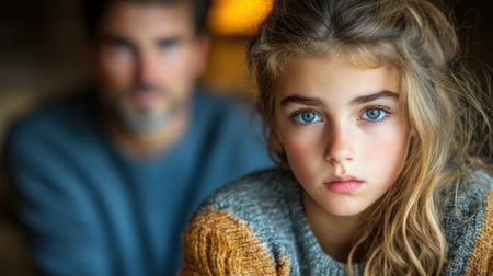 A girl with beautiful blue eyes looks thoughtfully at the camera while an adult is blurred in the background.の素材