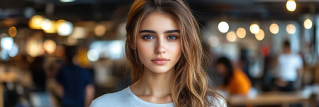 A young woman stands gracefully in a lively cafe filled with warm lights and soft background activity.の素材