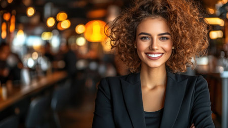 Woman with curly hair stands proudly in a modern bar, showing her confident smile among warm lights.の素材