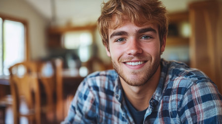 A young man with a friendly smile sits at a table in a sunny room with wooden decor.の素材