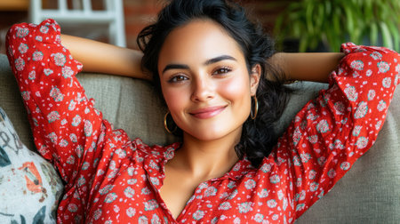 Woman with curly hair smiles warmly while lounging on a couch in a bright living space.の素材