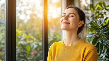 A woman in a yellow sweater relaxes by a window, absorbing warm sunlight and feeling at peace.の素材