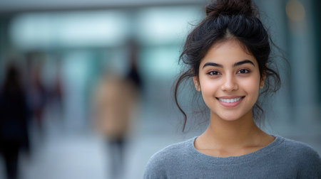 Young woman with dark hair smiles warmly while standing in a lively city environment filled with people.の素材