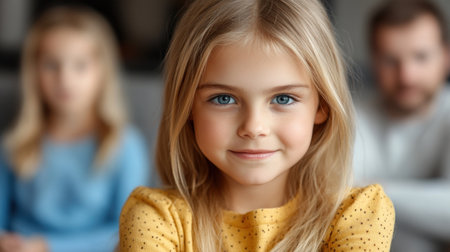 A young girl with stunning blue eyes and a joyful expression sits in a cozy room with her family.の素材