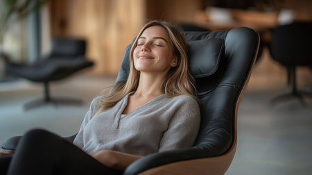 Woman enjoys a peaceful moment while sitting comfortably in a stylish chair indoors.の素材