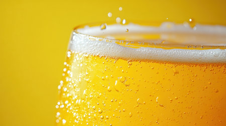 A close up view of a golden beverage filled with bubbles, showing texture and color.の素材