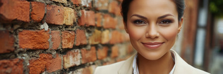 Woman with a radiant smile poses confidently against a rustic brick wall in a city location.の素材