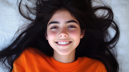 Young woman lies on a soft surface, smiling brightly with dark hair framing her face, exuding happiness.の素材