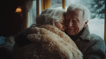 Elderly couple enjoys a tender moment while embracing in a warmly lit cabin on a snowy evening.の素材