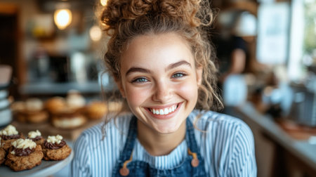 A cheerful young woman interacts with customers at a busy bakery, sharing joy and pastries.の素材