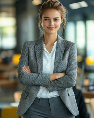 Young woman in business attire displays confidence in a stylish office environment.の素材