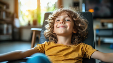 Child with curly hair enjoys a moment of relaxation in a sunny room with a cheerful smile.の素材