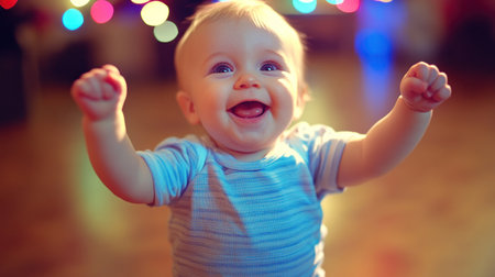 Baby expresses joy with raised arms in a vibrant setting filled with colorful lights and energy.の素材