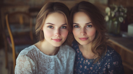 Two young women with warm smiles sit side by side in a bright, inviting room filled with soft decor.の素材
