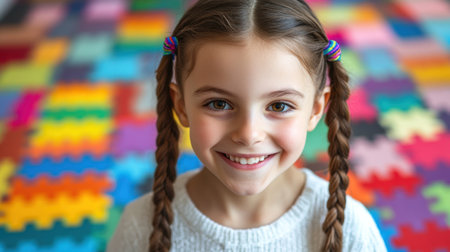 Young girl with braids smiles happily while seated on a vibrant play mat surrounded by colorful patterns.の素材