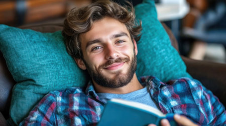 A young man enjoys a book on a comfortable couch, surrounded by a warm and inviting atmosphere.の素材