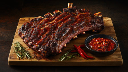 Juicy barbecue ribs topped with sauce are presented alongside a bowl of spicy condiment and fresh herbs.の素材