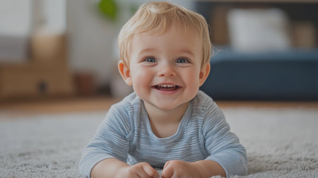 A cheerful baby with blonde hair enjoys crawling on a plush rug in a sunny living room.の素材