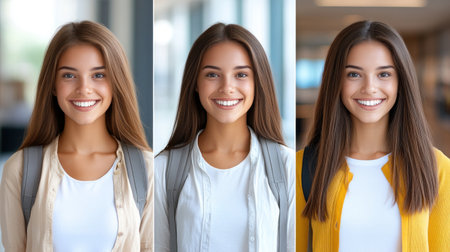 Young girl with long hair and a backpack smiles confidently in a bright, contemporary space.の素材
