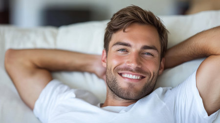 Young man smiles while lounging comfortably on a couch in a warm, inviting living space.の素材