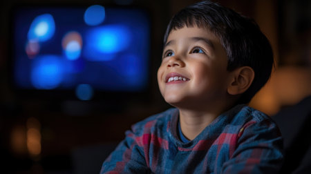 Young boy enjoys watching bright visuals on a screen, expressing joy in a warm indoor atmosphereの素材