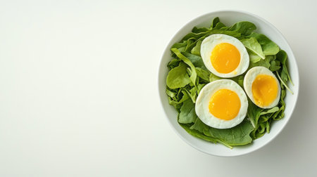 Healthy spinach salad prepared with fresh greens and sliced hard boiled eggs for a light dish.の素材