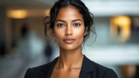 Woman with long dark hair poses confidently in a contemporary office environment.の素材