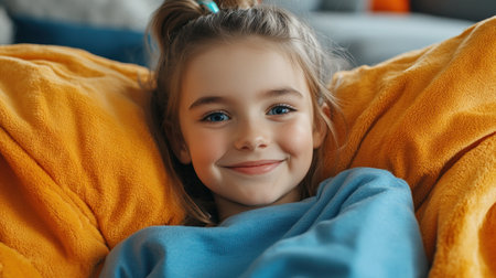 Child sits comfortably with a smile, enjoying a cozy afternoon in a warm and inviting space.の素材