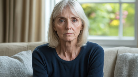 Mature woman looks thoughtfully while sitting on a couch in a cozy living room setting.の素材