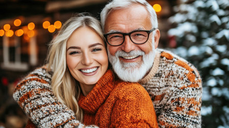 Joyful interaction between an older man and a young woman in a festive winter environment with lights.の素材