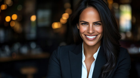 A woman with long dark hair smiles confidently while wearing a tailored black suit in a chic, modern space.の素材