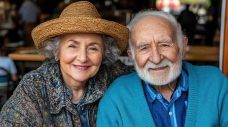 Elderly couple smiles brightly while sitting closely at a cafe table, radiating warmth and happiness.の素材