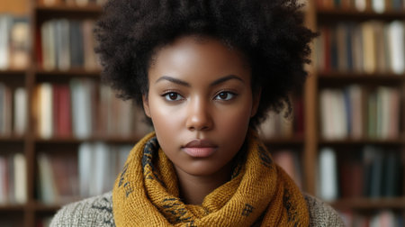 A woman with curly hair is sitting calmly in a library full of books while wearing a warm scarf.の素材